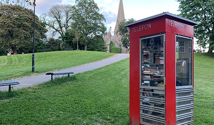 Red phone booth in Oslo, Norway