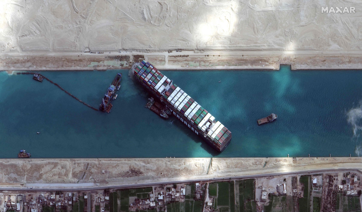 The container ship Ever Given ran aground in the Suez Canal, spring 2021.