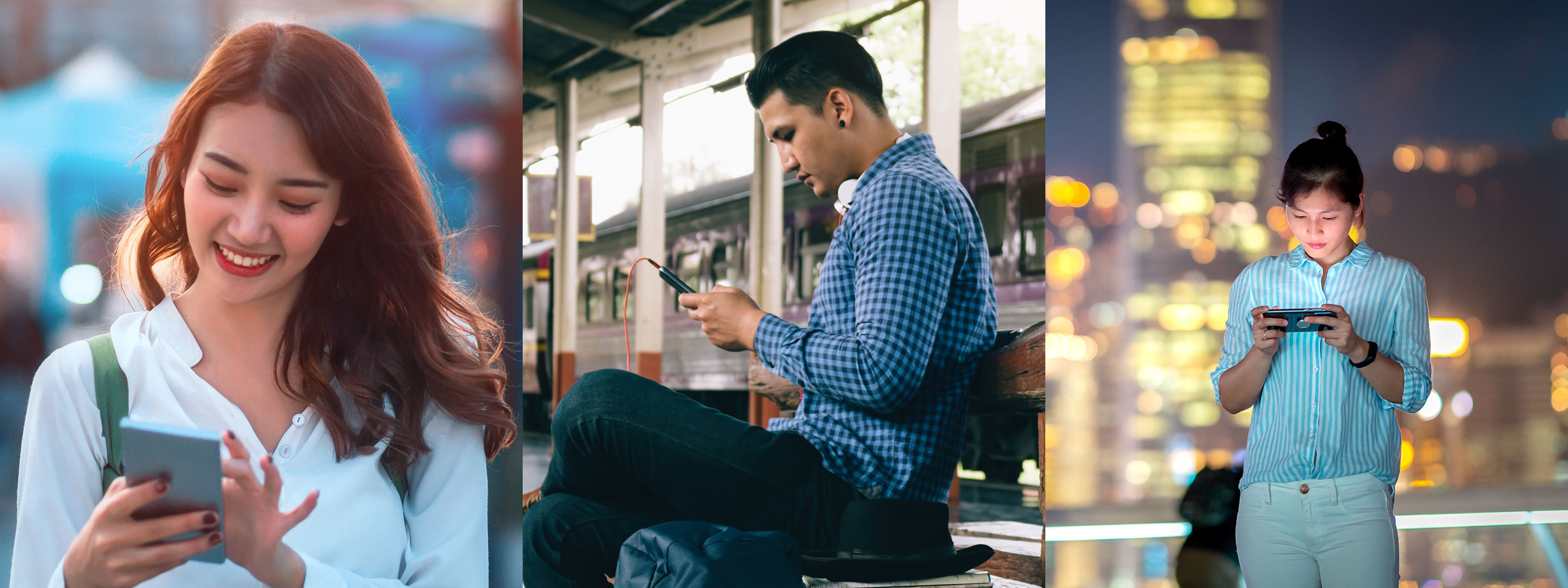 Collague of three people browsing on their phone