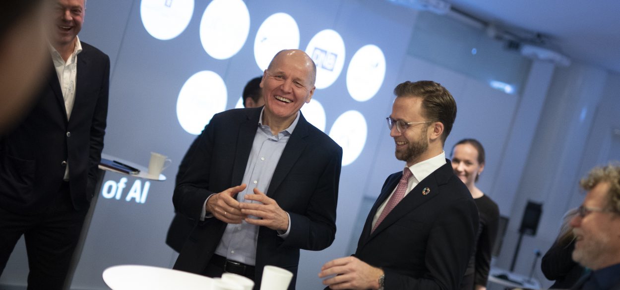 Telenor CEO Sigve Brekke and Minister of Digitalisation Nikolai Astrup during the preannouncement of Norway’s national AI strategy at Telenor headquarters at Fornebu.