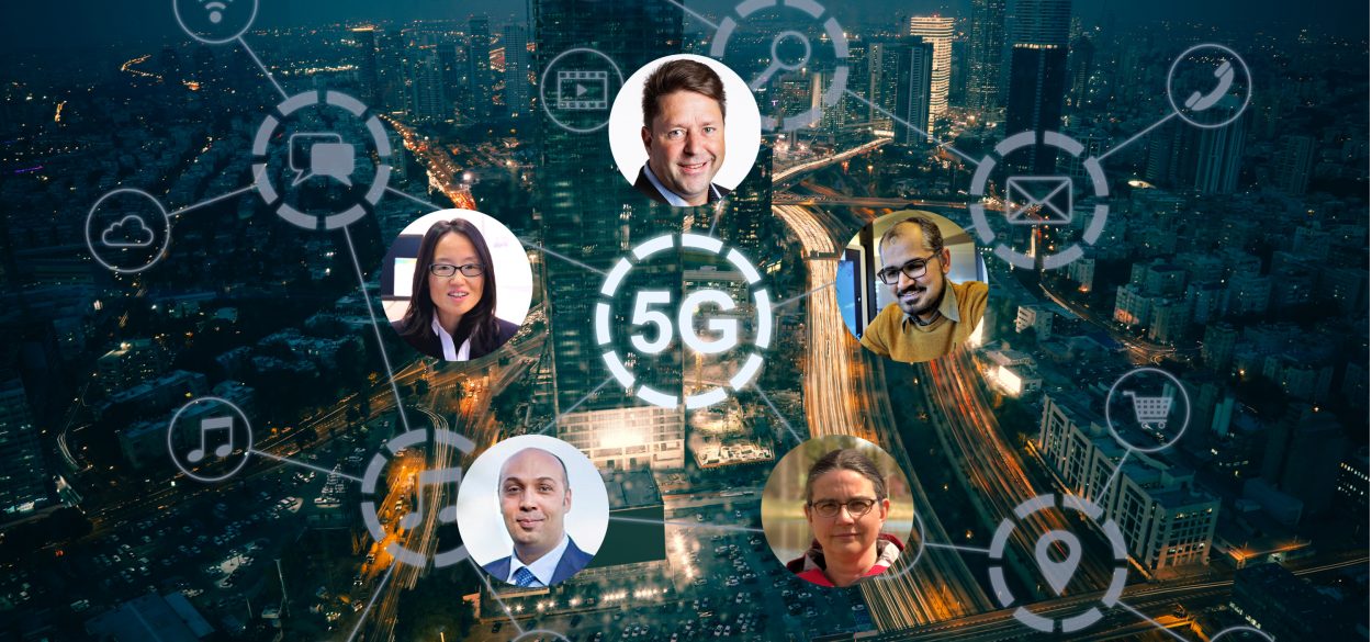 Profile pictures of the five 5G experts with a city view in the background