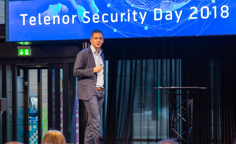 Andre Årnes on stage at the Telenor Security Day 2018 event