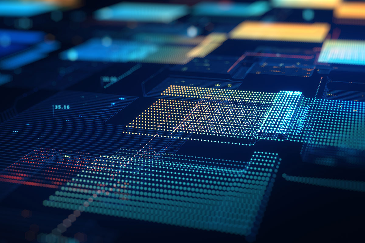 Futuristisk digitalt nettverk med lysmønstre og AI Infrastructure