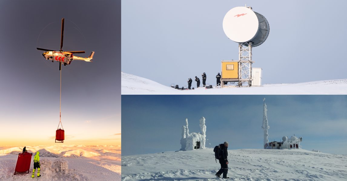 As road access to most mobile sites does not exist on Svalbard, the Telenor team uses either boats, snow scooters, or helicopters to carry out their missions outside Longyearbyen. From left: Fuel transport to Telenor’s outdoor station located at the mountain Skolten; Telenor Svalbard’s board inspecting the passive reflectors on Cape Starostin that supply Isfjord Radio (upper right); Telenor Svalbard engineer on his way by foot towards the outdoor station at Skolten (lower right). (All photos: Einar Jenssen).