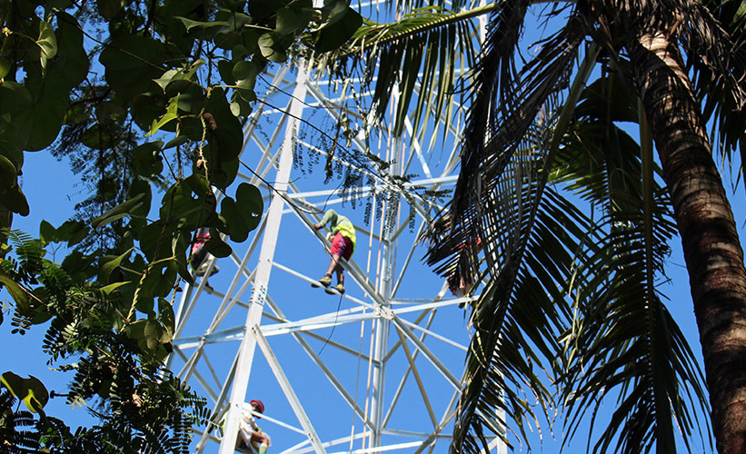 Workers maintain a network tower in Myanmar