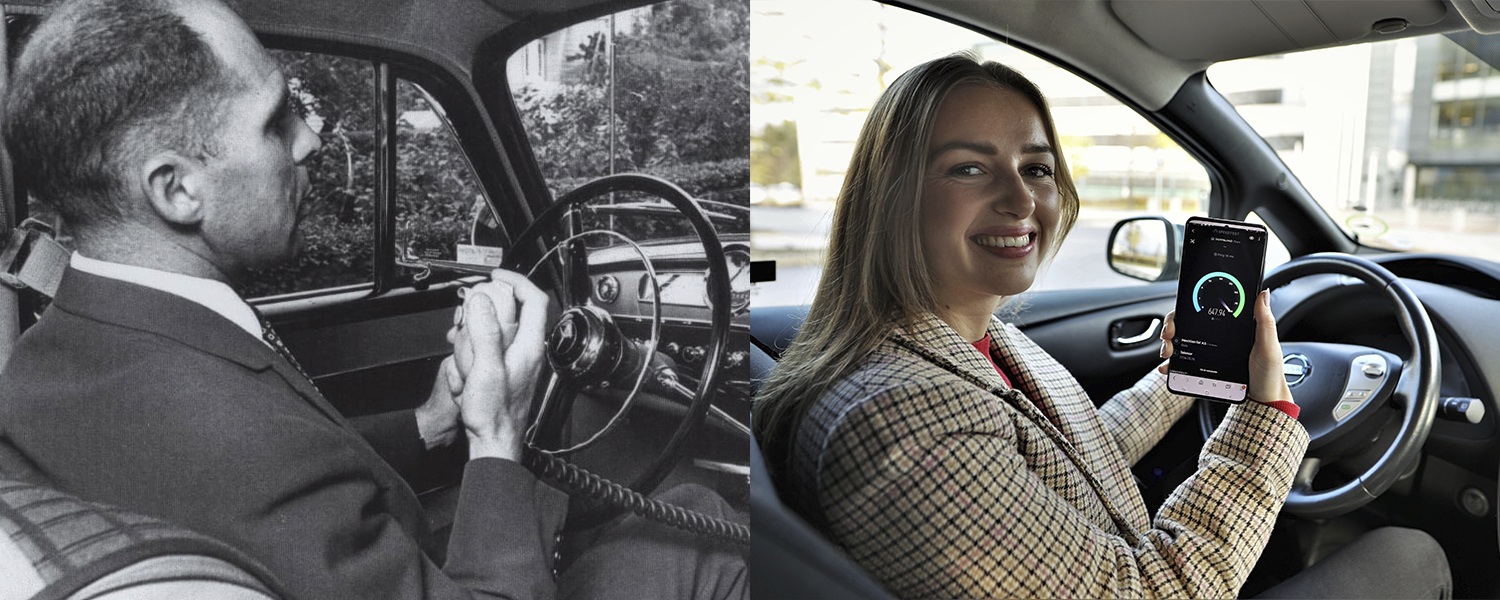 Red phone booth in a park in Oslo, Norway