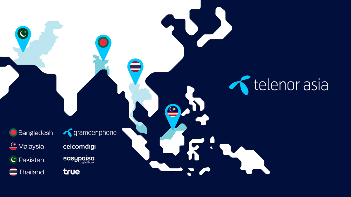 Kart over Telenor Asia med lokasjoner i fire asiatiske land
