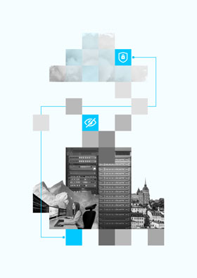 Datasikkerhet og skymiljø med by- og serverelementer